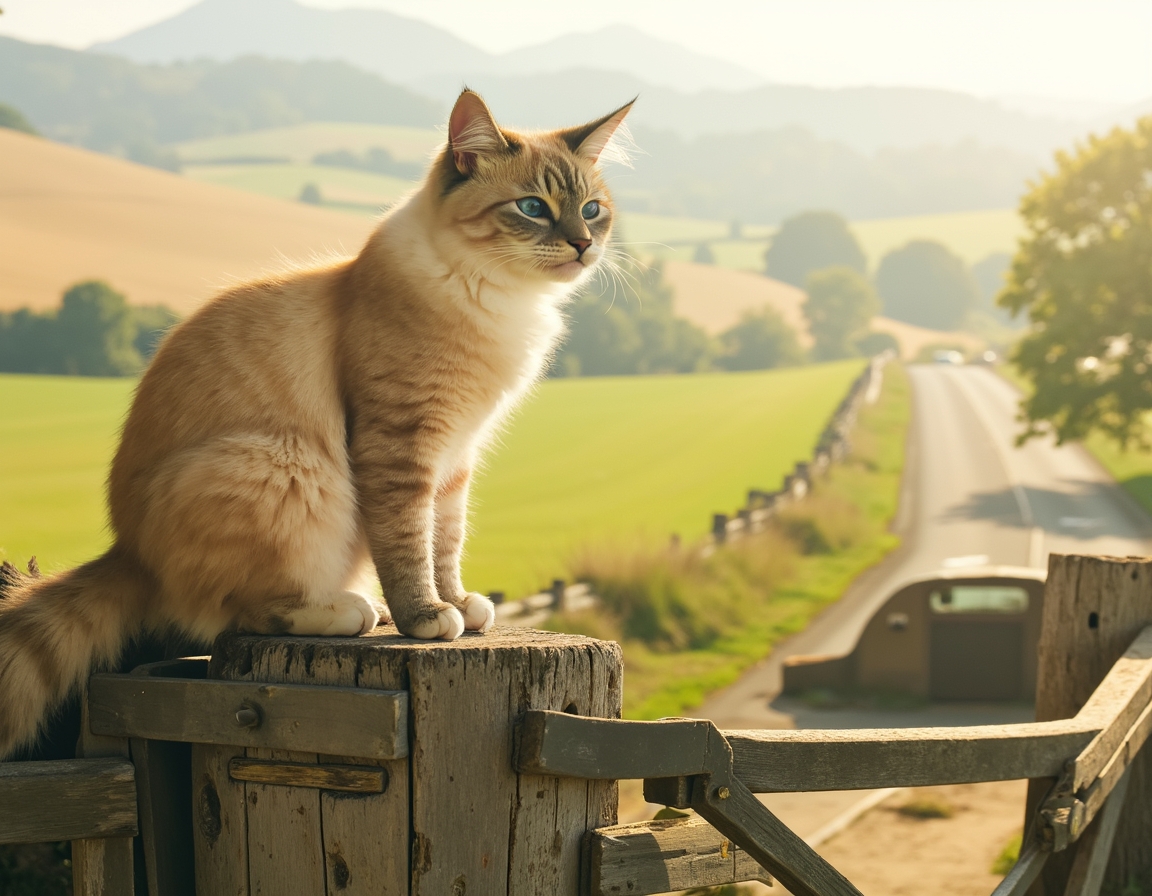 Cat gazes at the quiet beauty of a country road, framed by a weathered wooden gate.